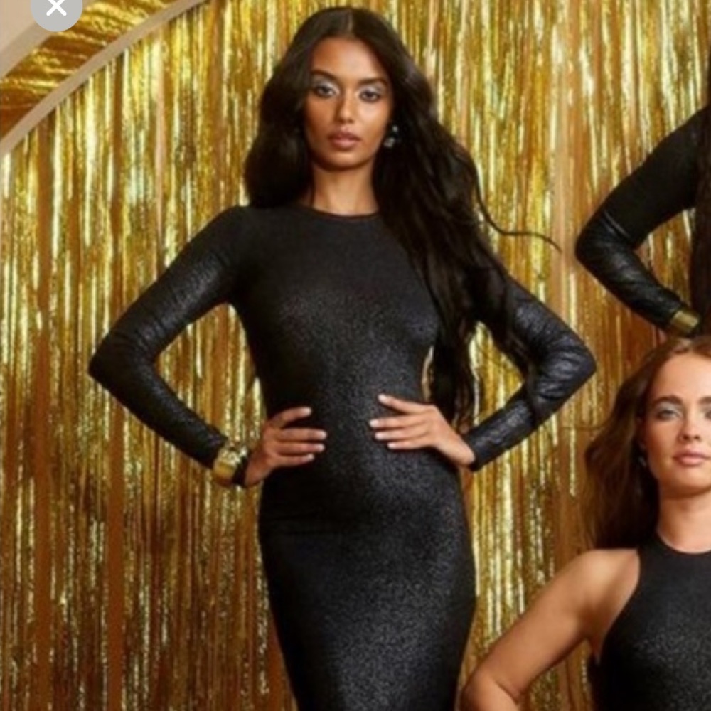 Skims Black Shimmer Foil Ribbed
Long Sleeve Sheath gown Dress NWT Sparkle Sz M - Picture 4 of 9